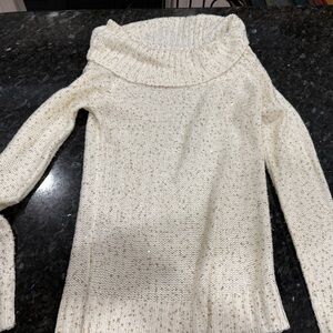 Cream Cowl Neck Woven Sweater w/ Sewn Gold Sequins